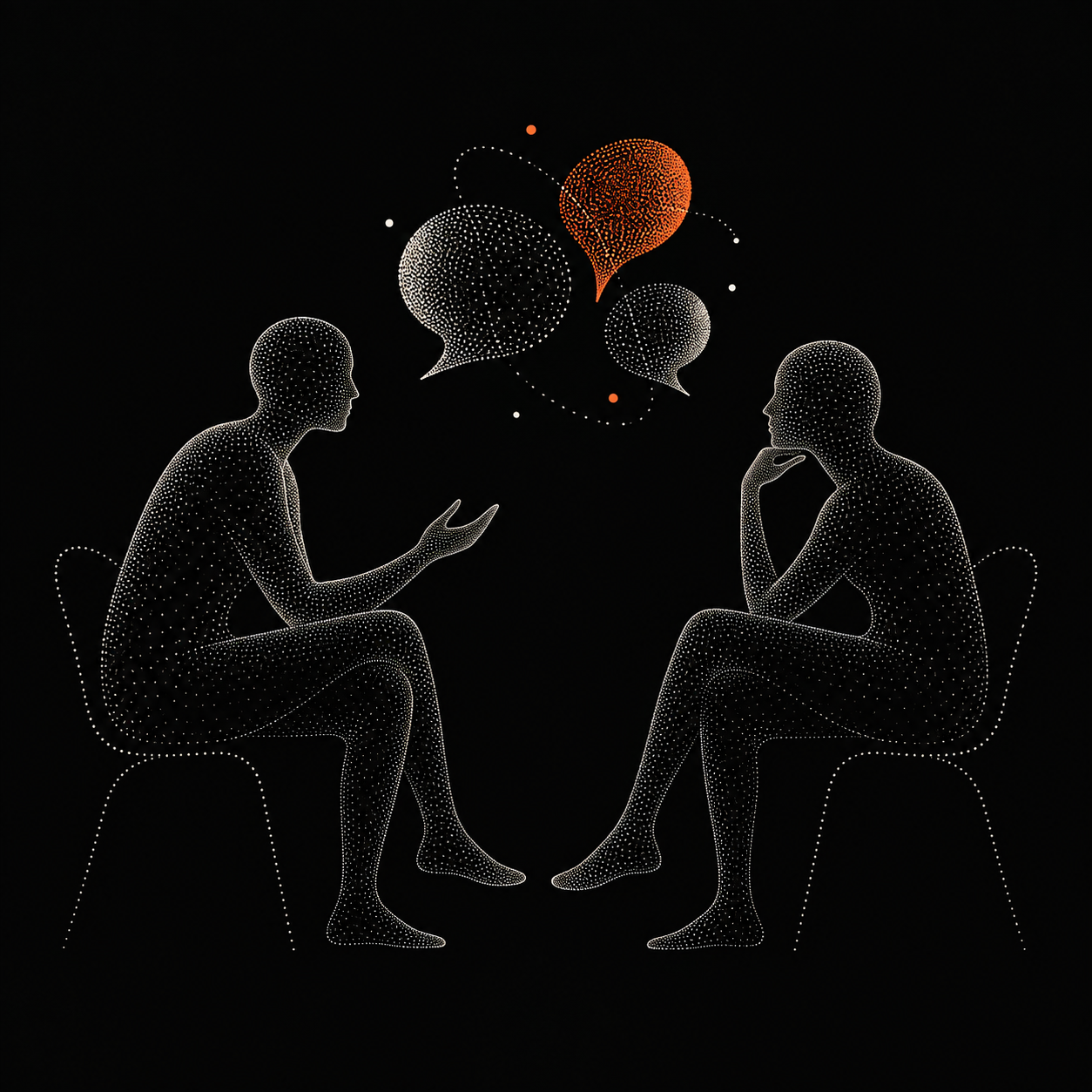Dos siluetas conversando, ilustradas con puntos y líneas